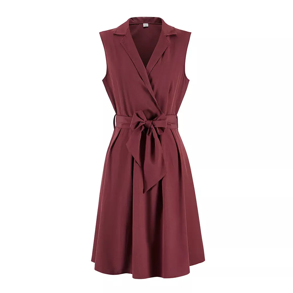 Women Dresses Sleeveless Notched Solid Navy Blue With Bow Sashes Summer A-line Beach Office Dress 2023 burgundy Party Vestidos