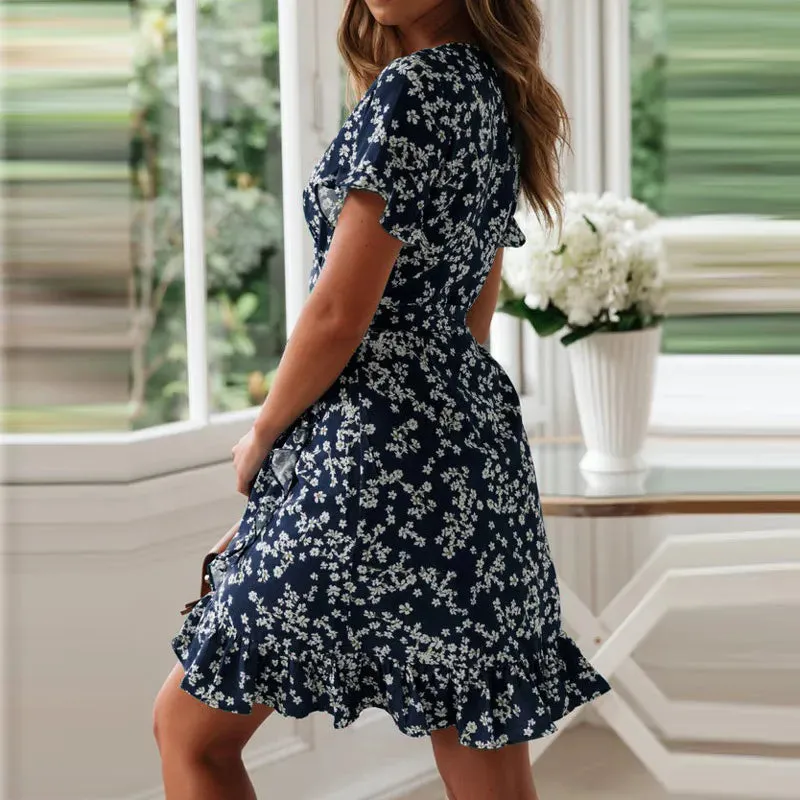 Women Dresses Summer 2022 Sexy V Neck Floral Print Boho Beach Dress Ruffle Short Sleeve A Line Mini Dress Wrap Sundress Robe