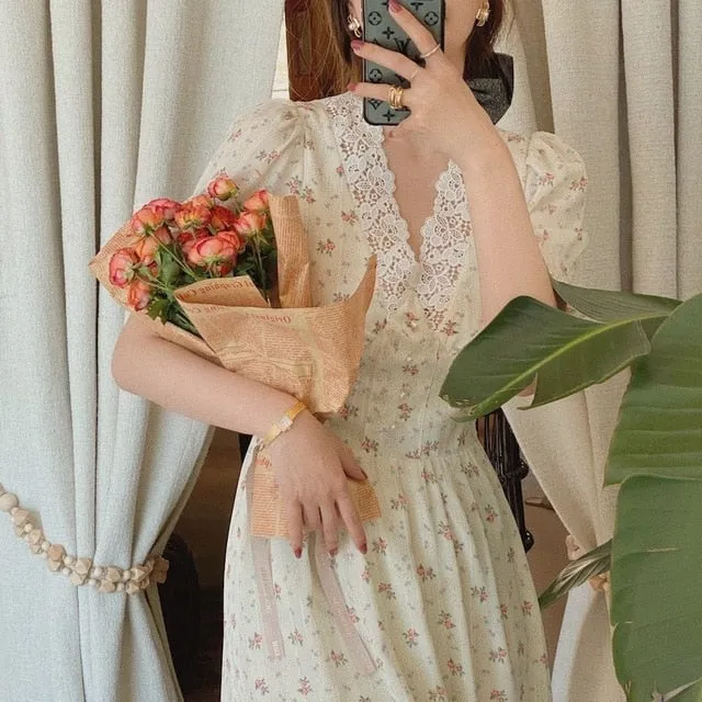 Women Elegant Lace Party Dress Puff Sleeve V Neck Midi Dress