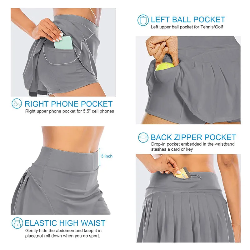 Women Pleated Flare Tennis Skorts With Pockets Shorts Golf Skirt Grey