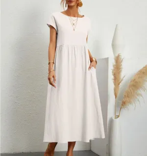Women's Elegant Solid Color Dress Spring Summer Short Sleeve O-Neck Vintage Cotton Linen Comfortable Loose Pocket Long Dress