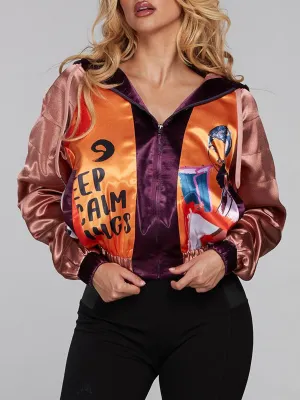 WOMEN'S LONG SLEEVE HOODED GRAPHIC BOMBER JACKET