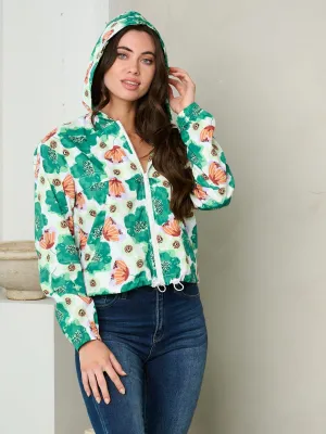 WOMEN'S LONG SLEEVE ZIP UP HOODED FLORAL JACKET