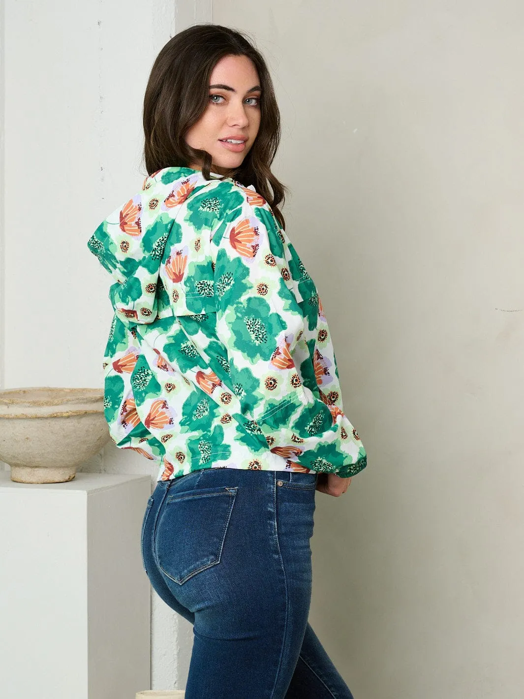 WOMEN'S LONG SLEEVE ZIP UP HOODED FLORAL JACKET