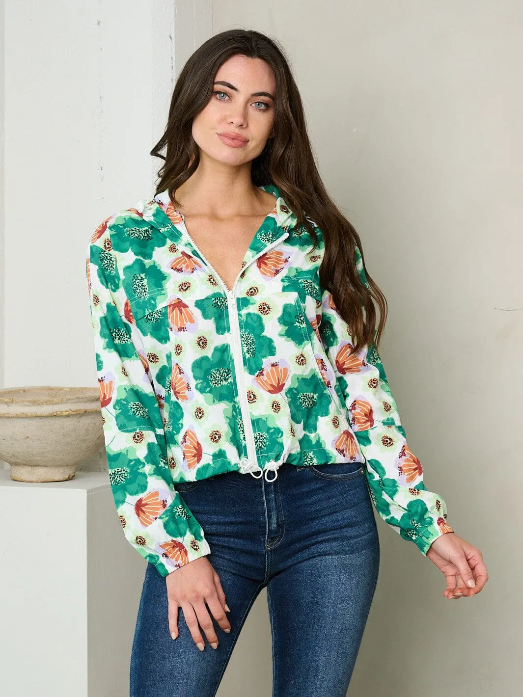 WOMEN'S LONG SLEEVE ZIP UP HOODED FLORAL JACKET