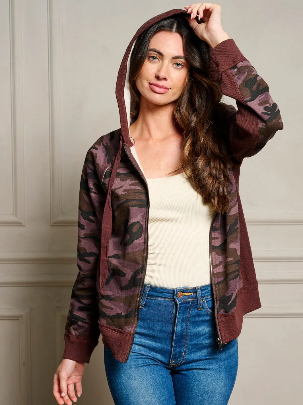 WOMEN'S LONG SLEEVE ZIP UP POCKETS HOODIE CAMO PRINT JACKET