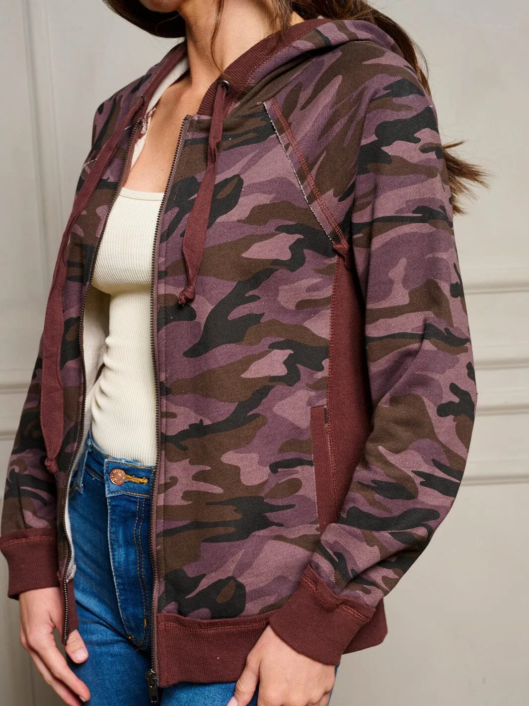 WOMEN'S LONG SLEEVE ZIP UP POCKETS HOODIE CAMO PRINT JACKET