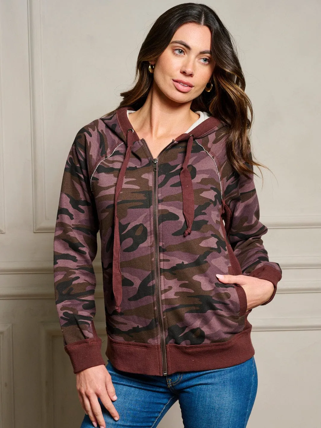 WOMEN'S LONG SLEEVE ZIP UP POCKETS HOODIE CAMO PRINT JACKET
