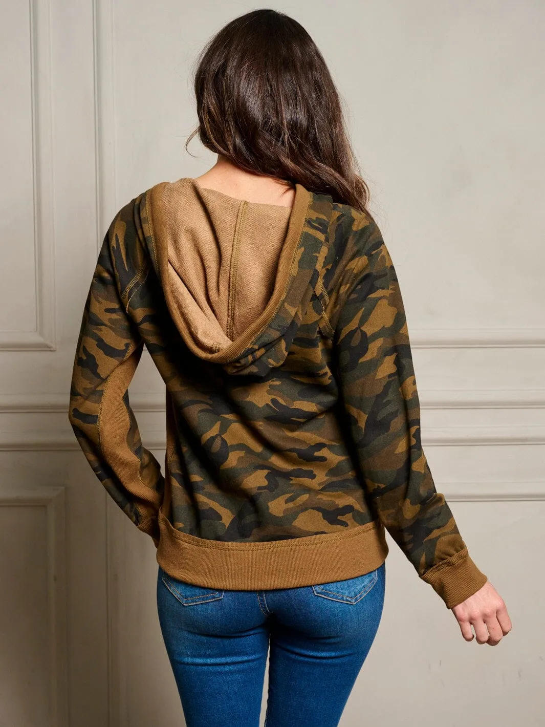 WOMEN'S LONG SLEEVE ZIP UP POCKETS HOODIE CAMO PRINT JACKET