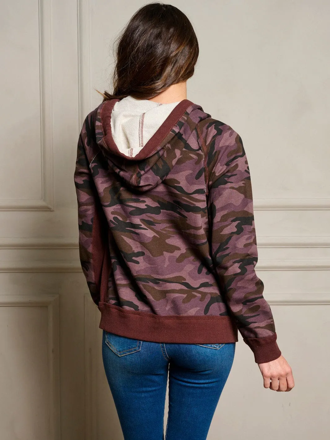 WOMEN'S LONG SLEEVE ZIP UP POCKETS HOODIE CAMO PRINT JACKET