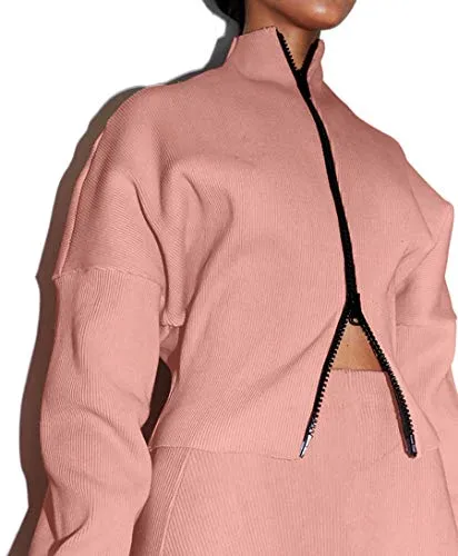 XLLAIS Women's Ribbed Double Zipper Tops Sets Tracksuits Pink M