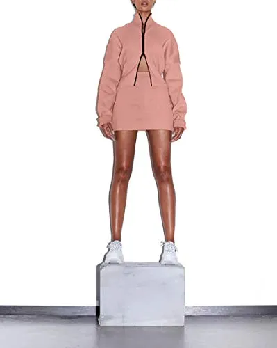 XLLAIS Women's Ribbed Double Zipper Tops Sets Tracksuits Pink M