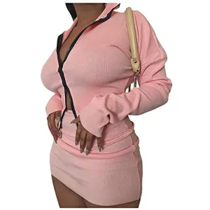 XLLAIS Women's Ribbed Double Zipper Tops Sets Tracksuits Pink M