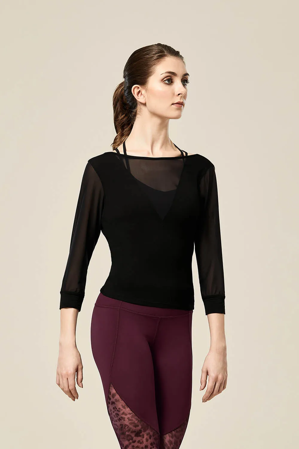 ZS55253 - Bloch Alondra V Mesh Panelled Womens 3/4 Sleeve Top